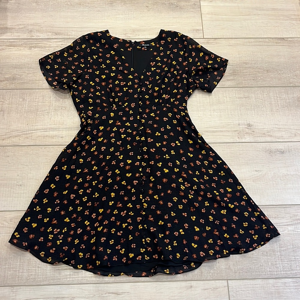 Madewell Black Mini Dress with Yellow and Rust Floral Print